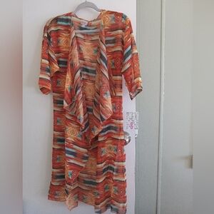 NWT LULAROE Shirley Kimono Aztec Sheer Coverup Duster Coral Teal Orange Size S